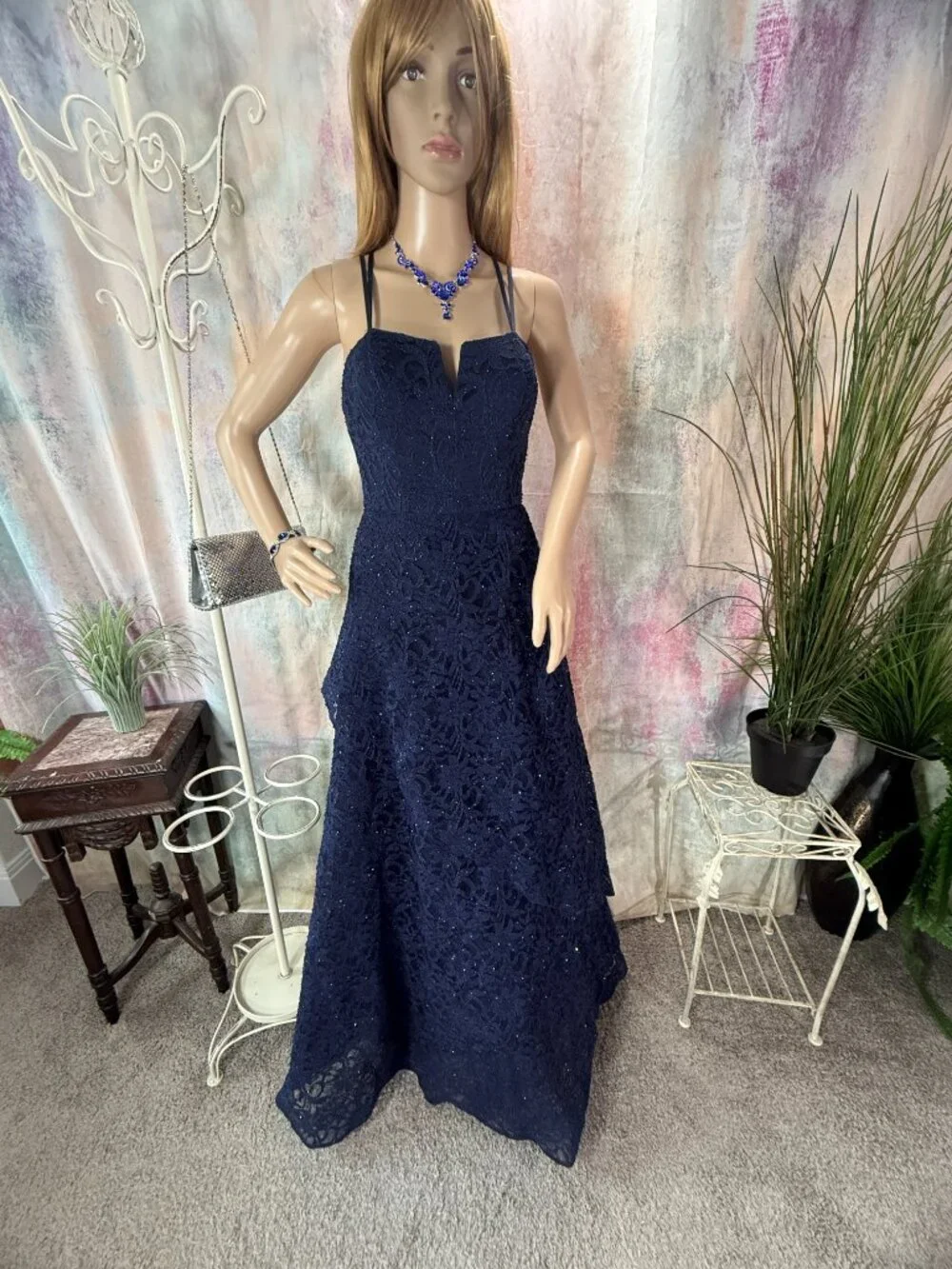 📌BCX Romantic Floral Lace Navy Blue w/Glitter Formal - Prom - Bridesmaid Dress - Picture 4 of 16